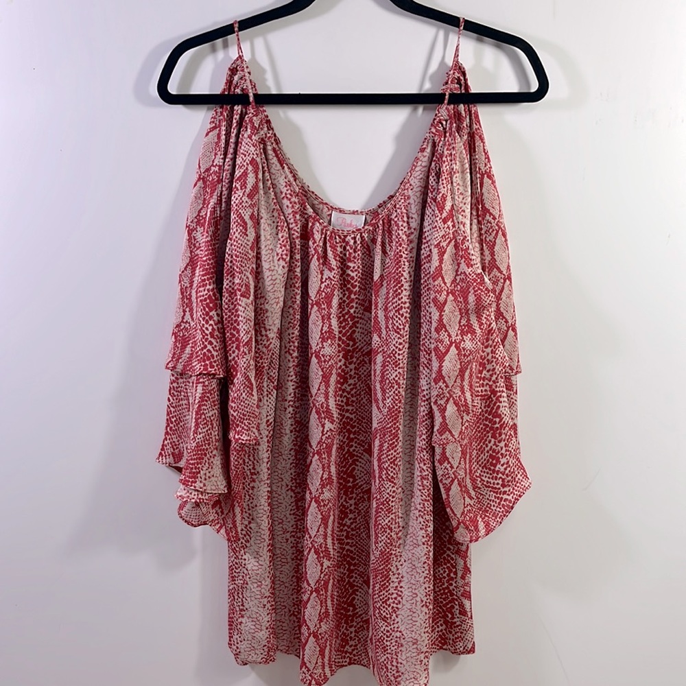 🆕Parker>Silk cold shoulder tiered sleeve mini dress red snakeskin print NWOT